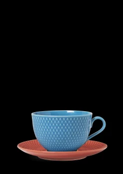 Lyngby Porcelæn Rhombe Color Tekop/underkop blå/terracotta